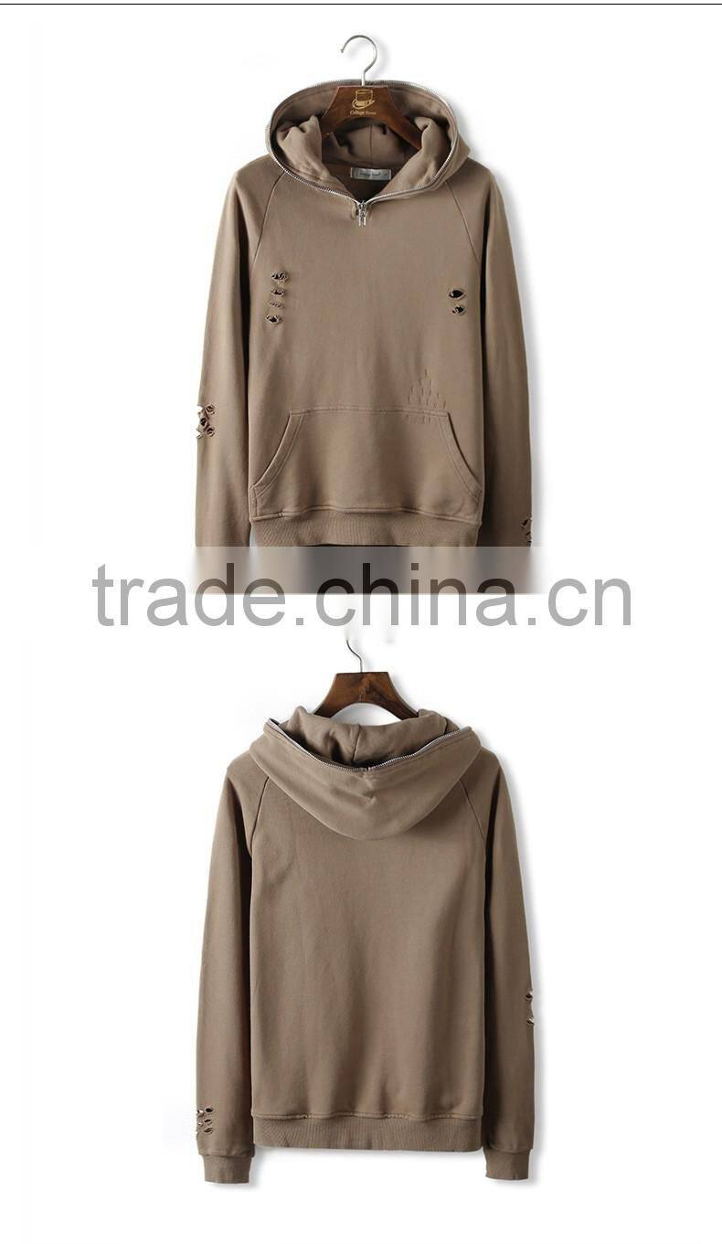 2017 custom mens blank french terry ripped full zip distressed sweatshirts hoodie