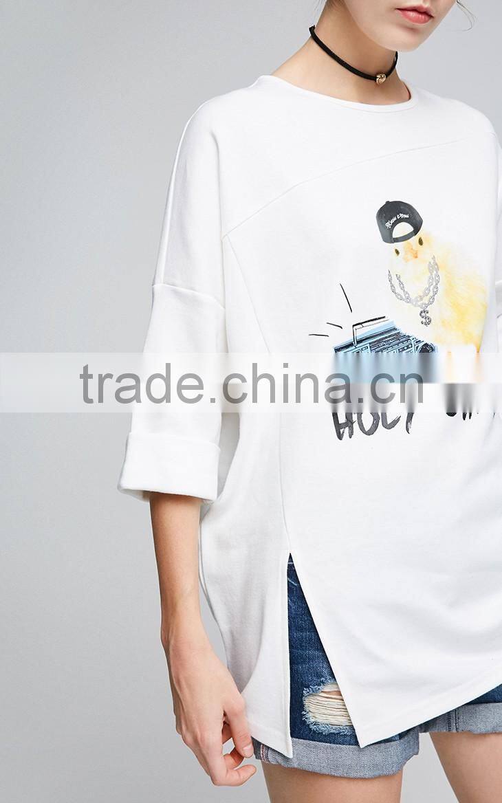 custom Women 3/4 sleeve longline oversized t shirt with unregular cut bottom