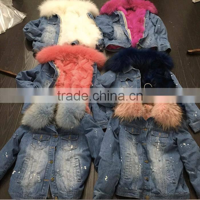 Myfur Cute Peach Fur Lining and Raccoon Fur Collar Trimmed Jeans Parka