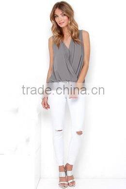 90's Deep plunge wrap over style 2015 new design chiffon ladies blouse