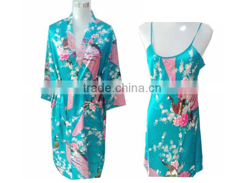 Summer Two pieces Woman long Satin bathrobe Kimono Robes PC046
