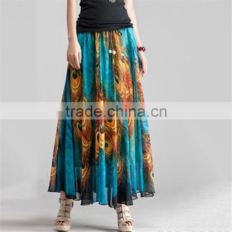 Maxi peacock feathers printed multiple wear long ethnic skirts