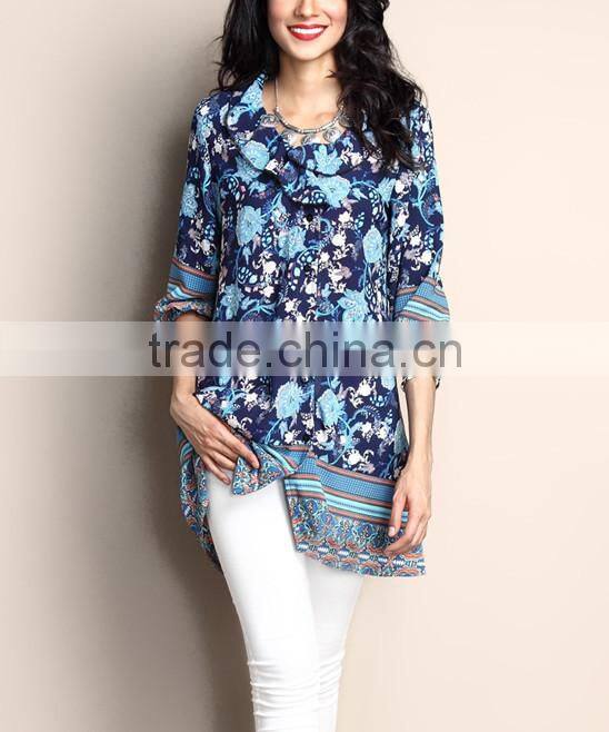 2016 New Summer Women Tops With Blue Floral Chiffon Ruffle-Front Tunic Women Flower Blouse Women Clothes GD90426-58
