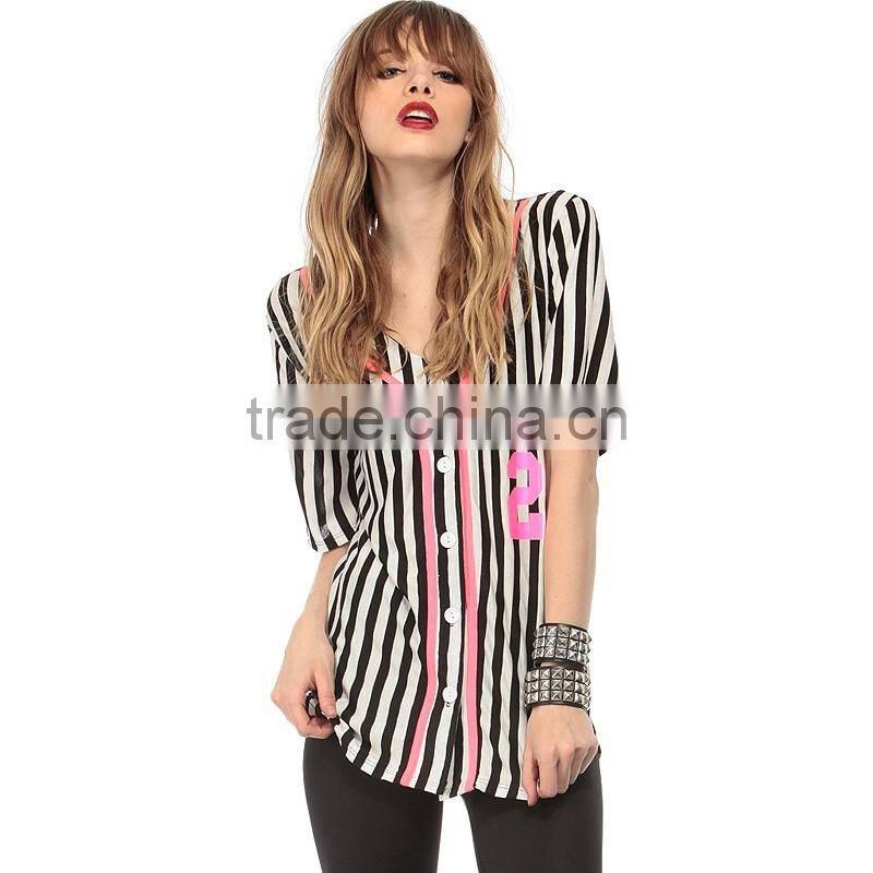 European style women's short sleeve V neck strip letter print shirt