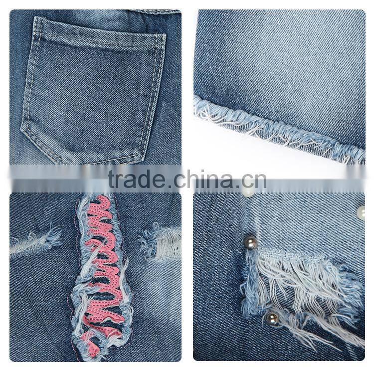China apparel factory elastic ribbon waistband kids printed shorts jeans with hole
