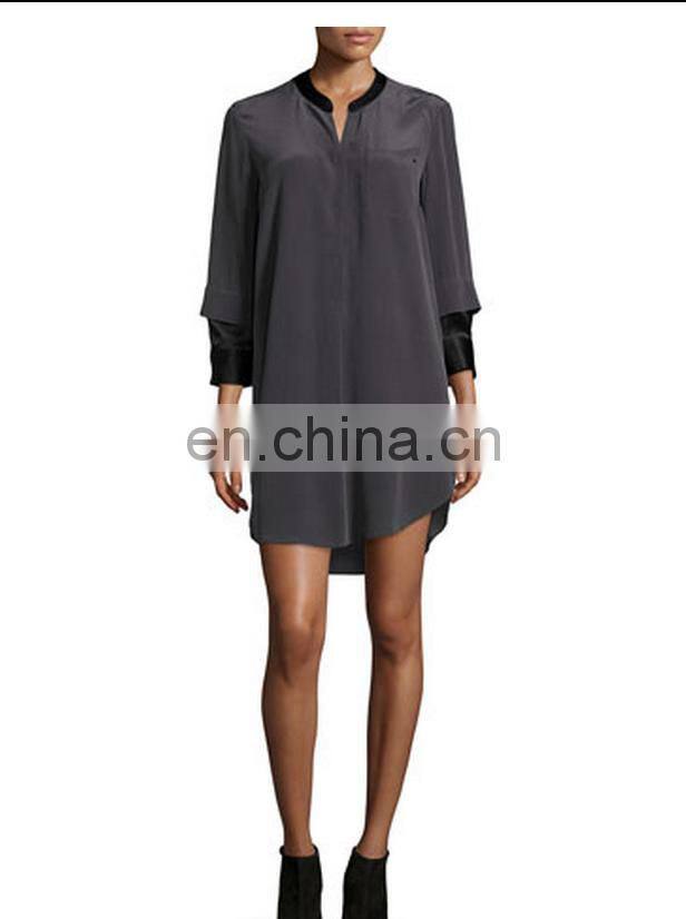 3/4-Sleeve Two-Tone Shirtdress, Charcoal