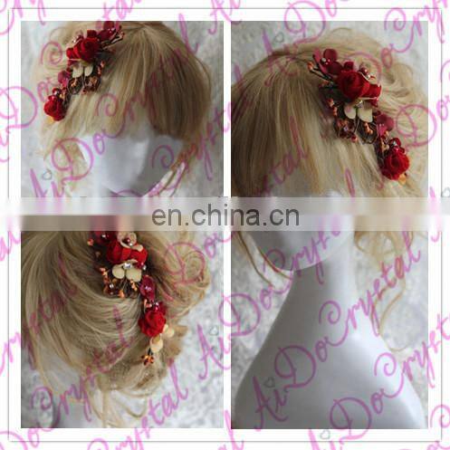 Aidocrystal marsala burgundy hair accessory red floral hair comb hair flower with leaves wedding fascinators for women