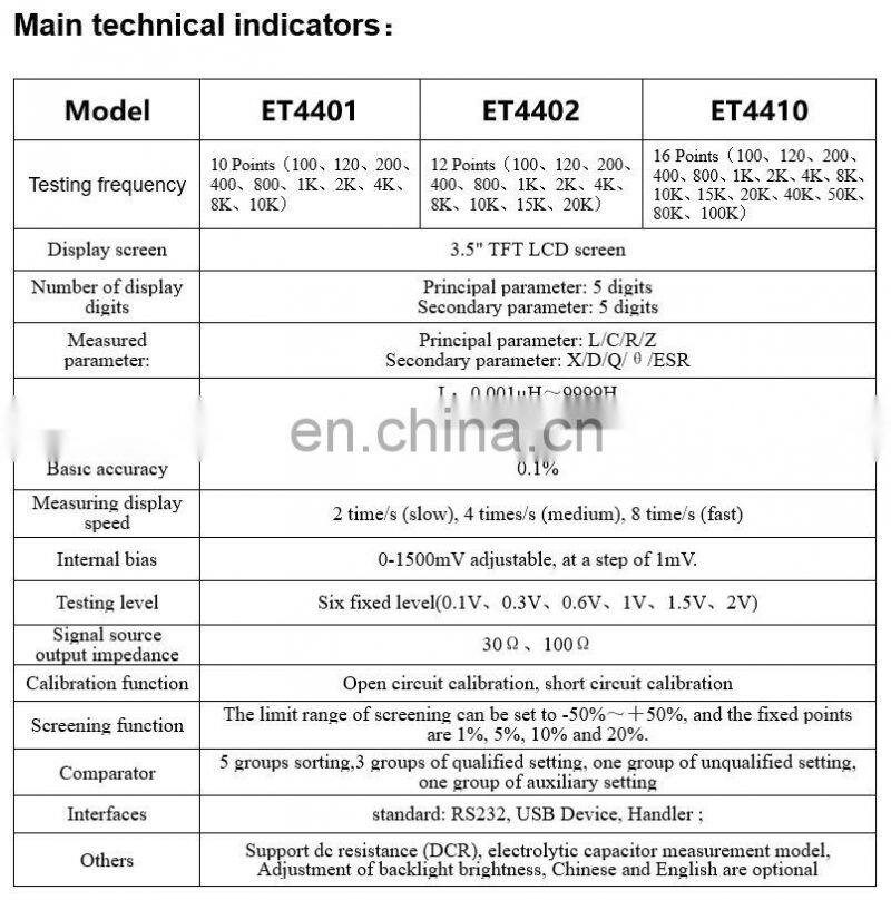 ET4410 Desktop LCR Tester Inductance Capacitance Meter Measure 100KHz 16 Fixed Frequencies LCR Meter