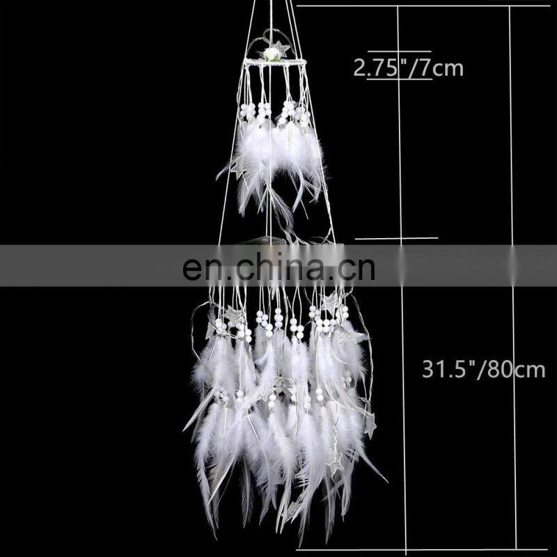 Boho Party Nursery Decor Ceiling Double Circle White Featherwith LED Fairy Lights Wall Hanging Ornaments Dream Catcher