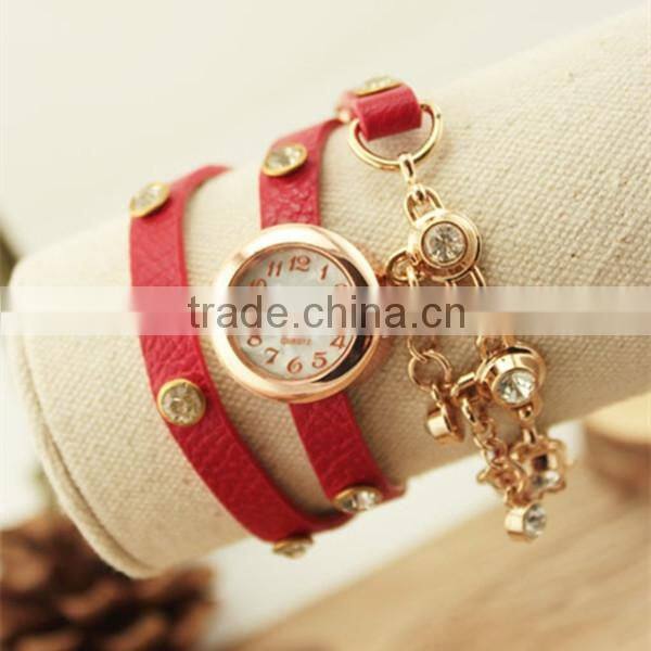 2015 Leather Strap Vintage Bracelet Lady Watch Relojes With Pendant