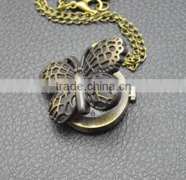 Digital pocket watch with bronze necklace chain quartz movt butterfly watch