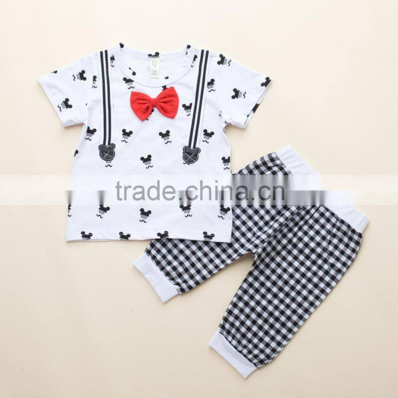 Korean Style Cute Baby Boys Summer Short Sleeve Cotton T-shirt & Grid Pants Baby Clothing Sets