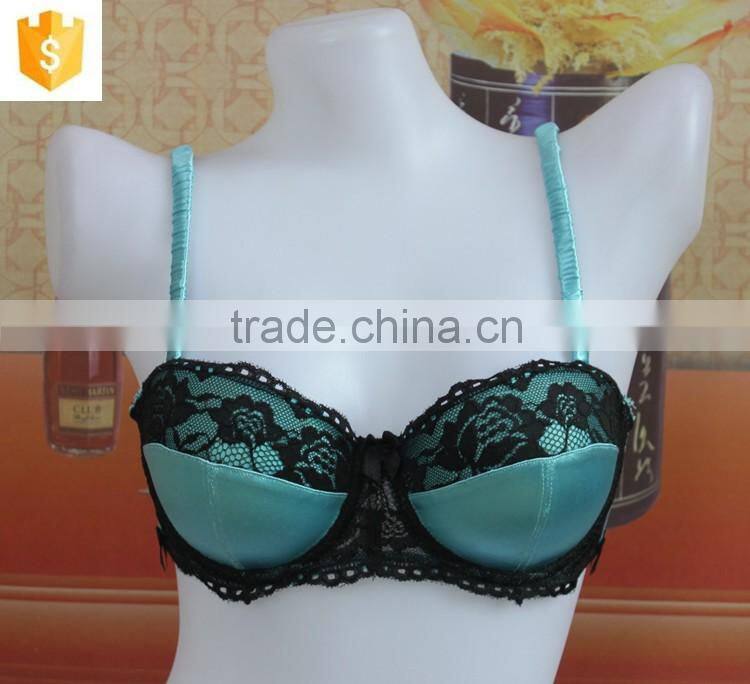 Blue satin mature bra,sexy lace full cup lady bra