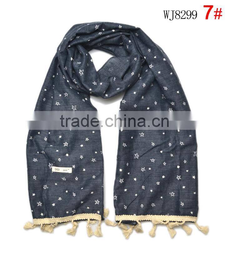 Hot Selling Star Printed Tassel Lace Brim Sewed Boys Girls Kids Linen Cotton Scarf