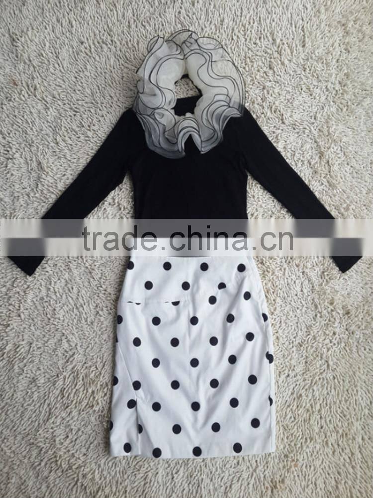 Hot selling 2014 Newest elegant black long sleeve slim tops+dot printed pakage hip skirt designer inspired dress with puff neck