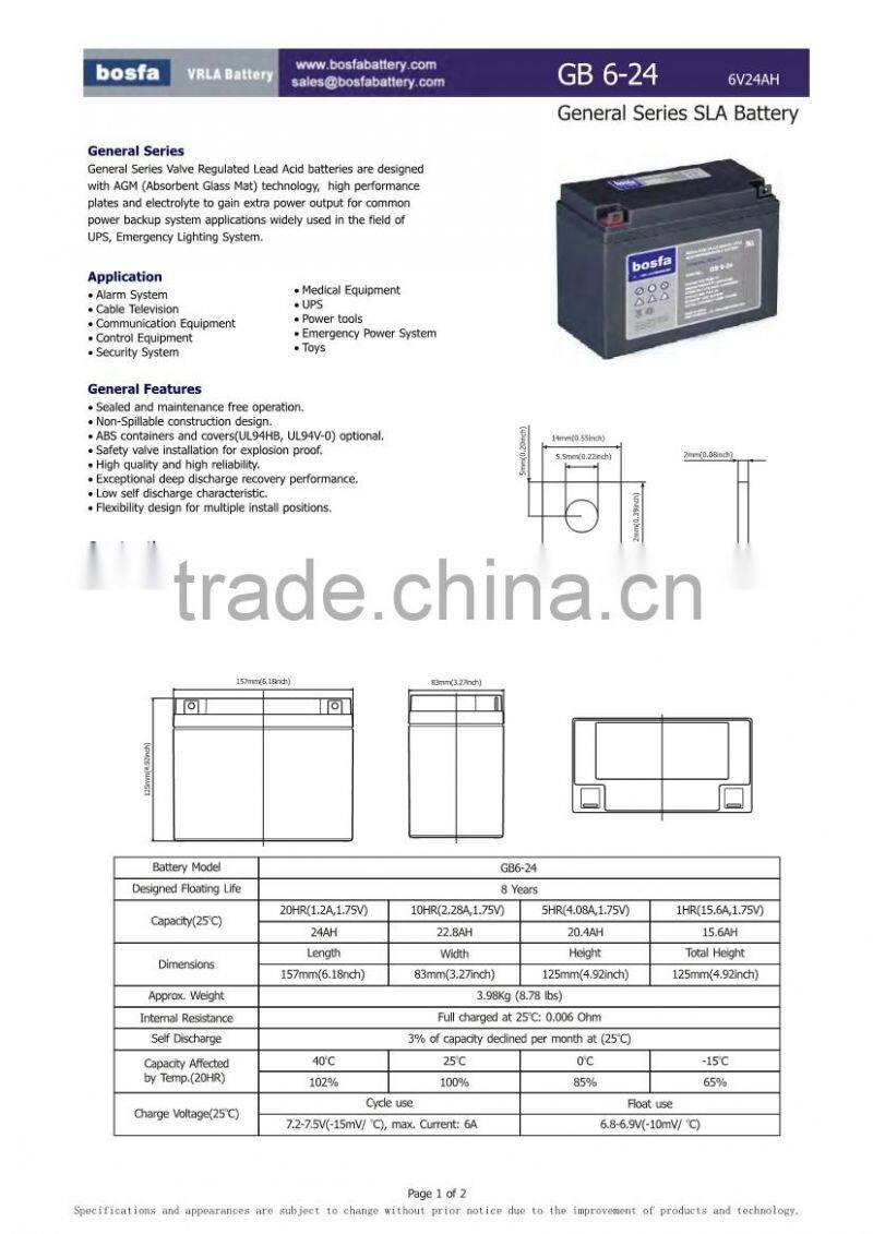 6v dry rechargeable battery 6v 24ah lead acid cell reliable battery