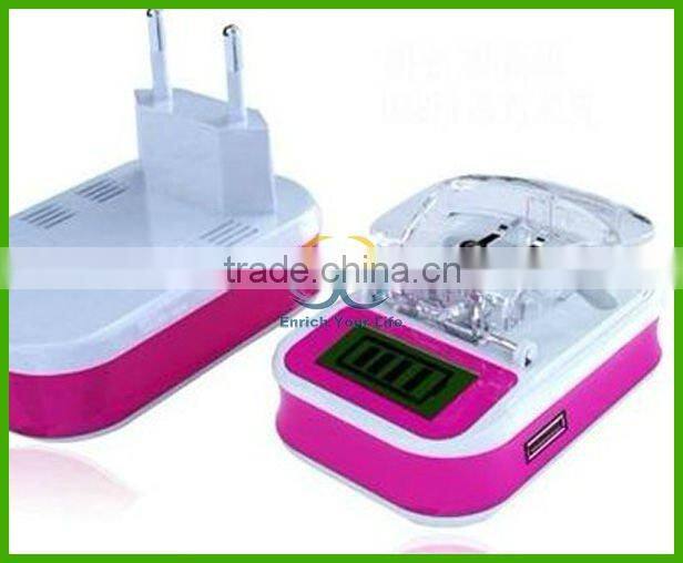 Universal charger with USB port and LCD