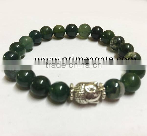 Alibaba supplier handmade agate Moss Agate stretchable buddha bracelet