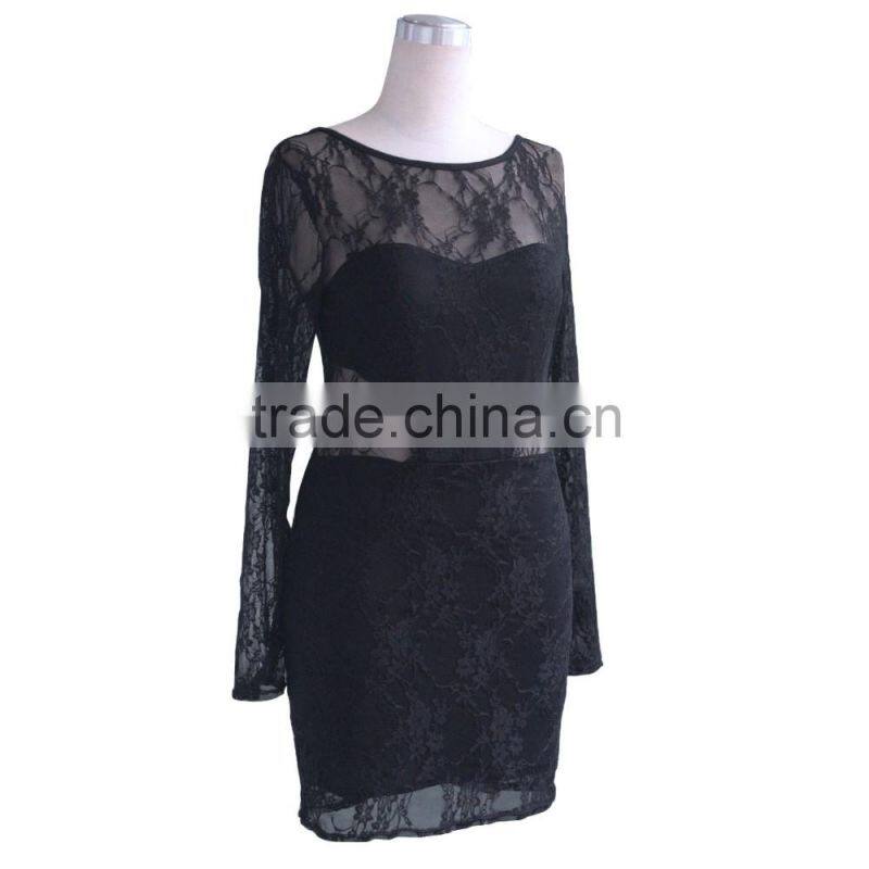 sexu back open evening dress lace bodycon dress long sleeve black color Factory supply
