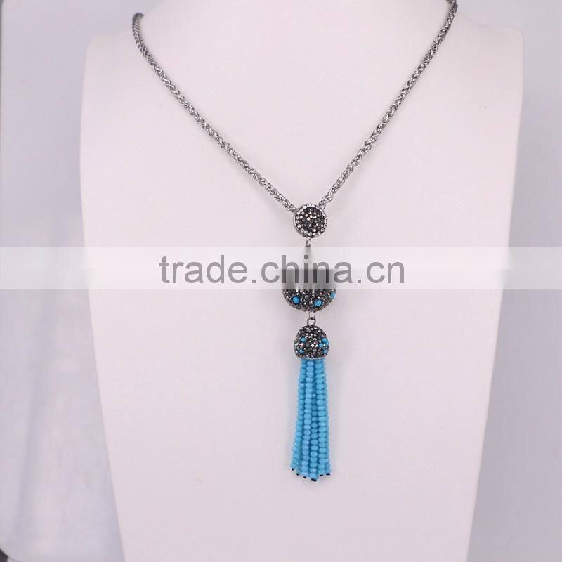 Oval/Evil Eye Pendant Necklace, Gem stone Druzy Pendant, With Crystal Paved Crystal Tassel Jewelry, Stone Chain Necklace