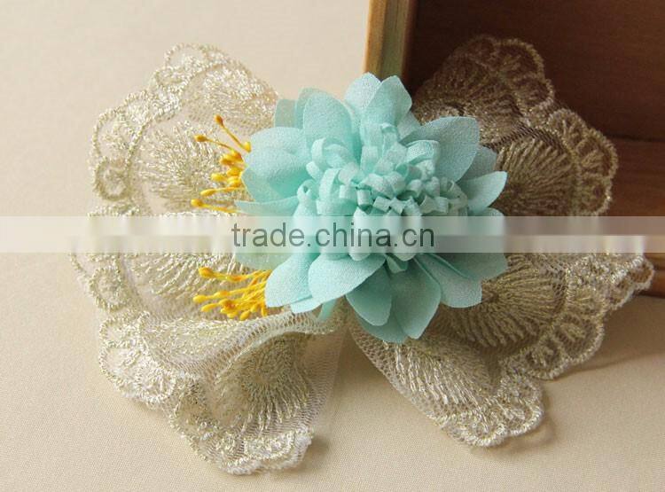 MYLOVE light blue chiffon flower big lace bow hair accessory