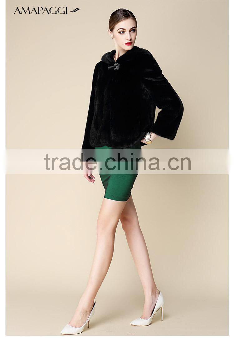 hot sale short black mink fur hooded coat for winter