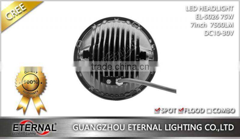 7 inch 75W led headlight for jeep wrangler rubicon off road with dual beam H4 plug halo angel eyes ring