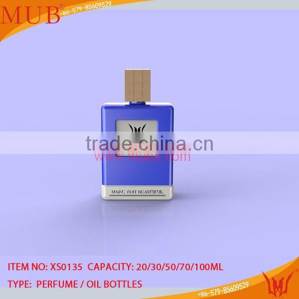 wholesale 50ml lovely cute blue best glass perfume bottle with square scuttle