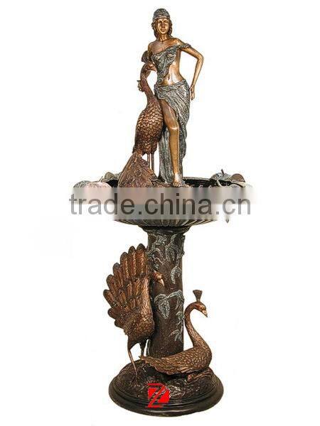 metal peacock garden decoration and naked lady bronze fountain