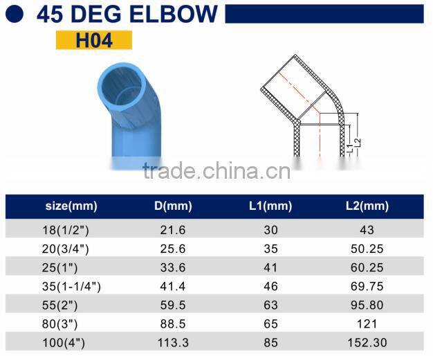 TY High quality TIS PVC water supply pipes & fitting 45DEG ELBOW eco-friendly Cheap Price Full Size factory price list discount