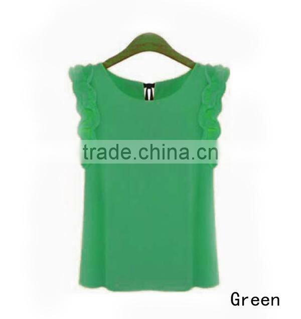 Plus Size Ladies Blouses 2015 New Summer Women Blouse O-Neck Lotus Leaf Casual Shirt Women Clothing Lacing Bow Chiffon Blouse