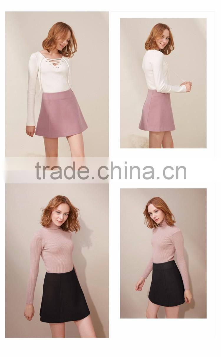 2016 customized manufacture fashionable Wholesale women's plain color high-waist woolen A-line ladies skirt