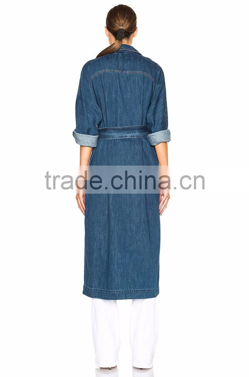 latest design fitted elongated long denim coat for women