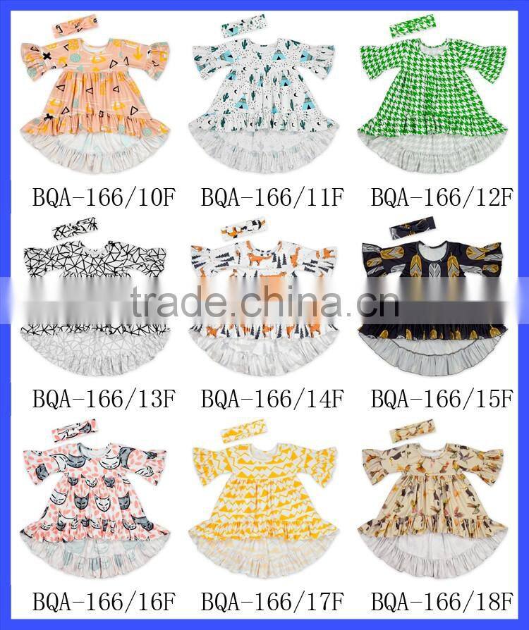 Yiwu lovababy kid dress short front long behind with same fabric bow headband latest design baby frock