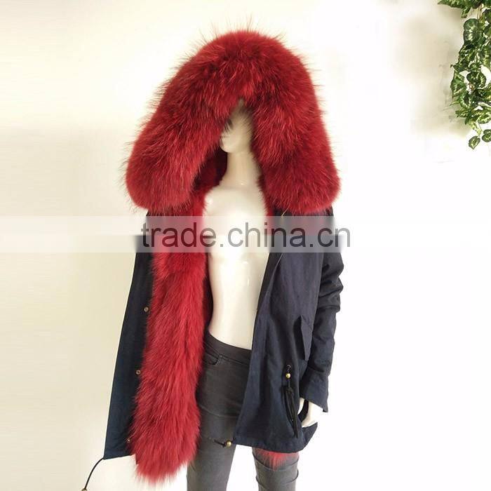 Myfur Custom Navy Outer Parka with Removable Dyed Fox Belly Fur Lined in Wholesale Price