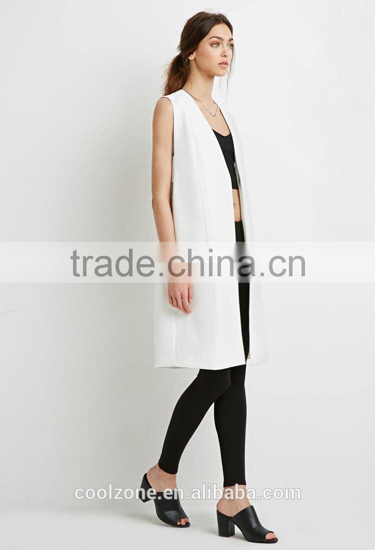 Collarless V-neck longline women vest woven vests with pockets