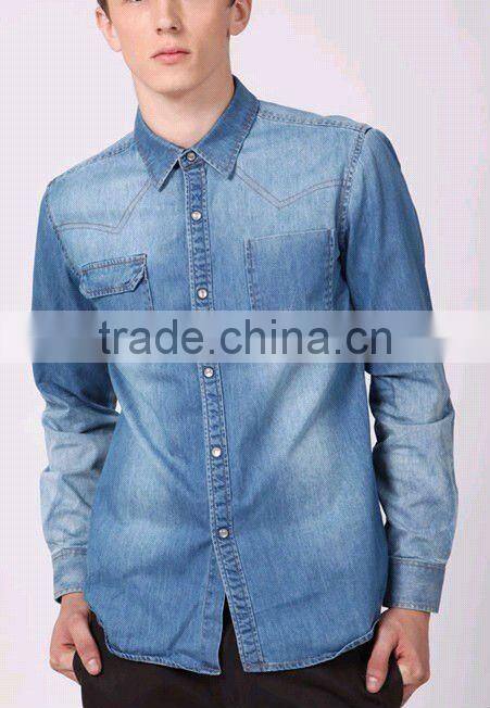 European fashion style Light blue 100%Natural Cotton soft Denim/Retro Cowboy Shirt for men with S,M,L,XL,XXL peaked collar