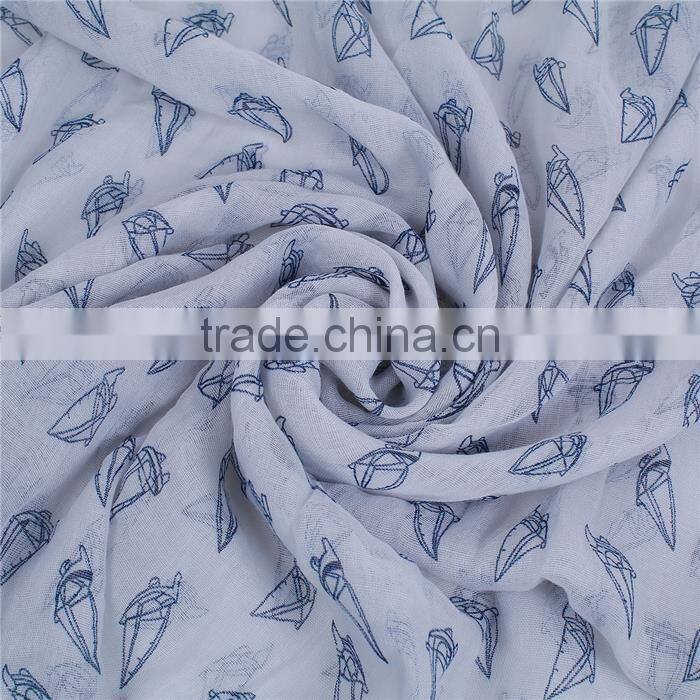 Voile Scarves & Wraps Rectangle White Deep Blue Sailing Boat Scarf Made In China