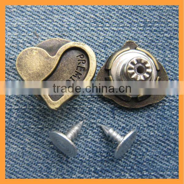 New arrival alloy heart jeans buttons manufactured in wenzhou city China