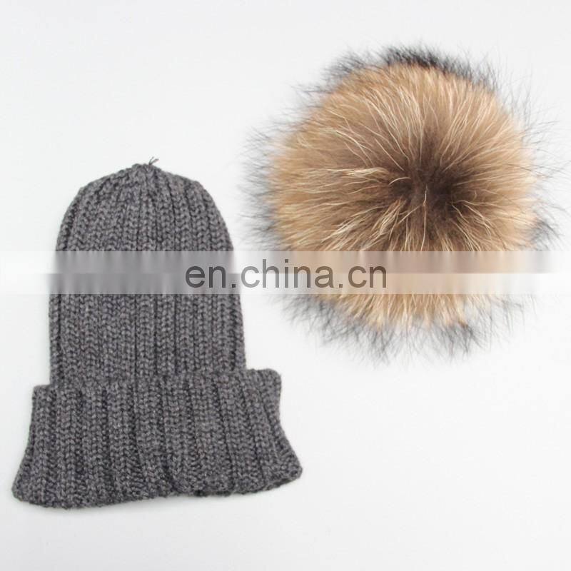 Child Baby Women Winter Knit Beanie Raccoon Fur Pom Bobble Hat Crochet Ski Cap