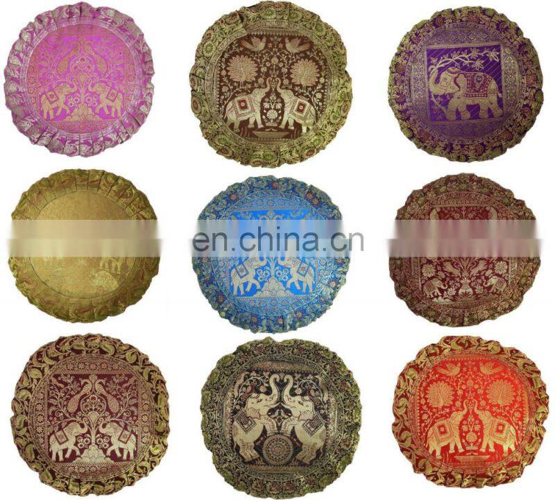 10pc Indian Silk Brocade Round Pillow Cover 17" Handmade Banarsi Cushion Cover