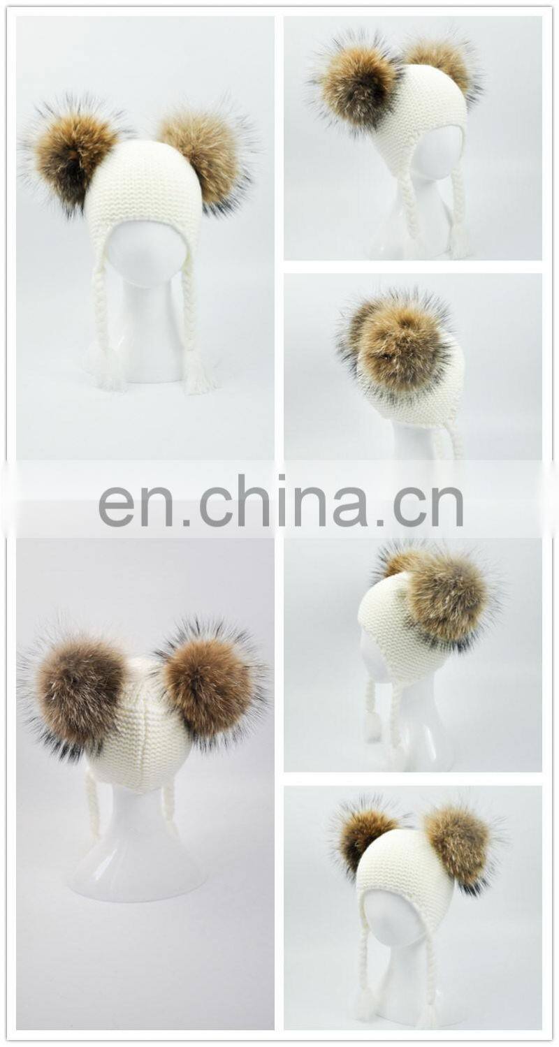 High Quality Fashionable Kids Beanie Hats With Two Fur Pom Poms Baby Fur Hat