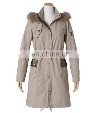 women fashion long sleeve raccoon fur hooded cotton trench coat