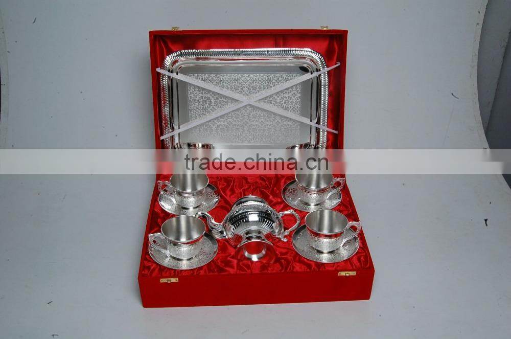 Silver Plated Engraved Brass Tea Coffee Cups & Plated Set Of Four Piece With Serving Tray