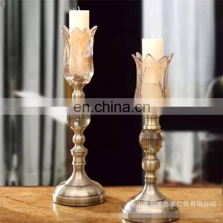 Flower Shape Glass And Metal Tall Pillar Candle Holder