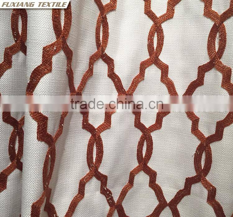 Poly-cotton canvas embroidered window curtain fabric color:blue,red,coffee, beige,ecru,white