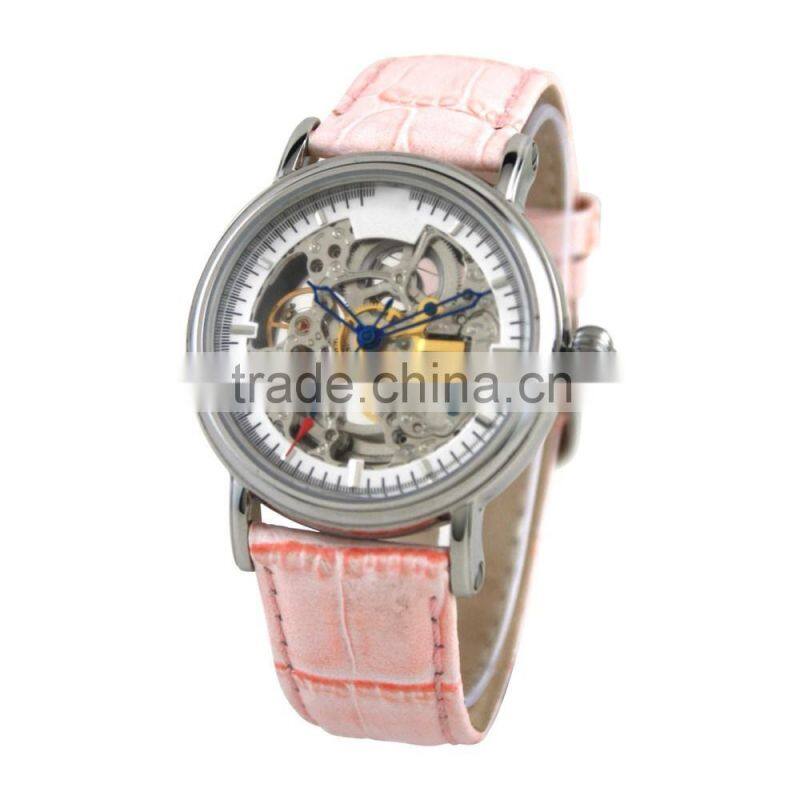 SA8139 Professional China automatic movement stainless steel case back leather strap watch
