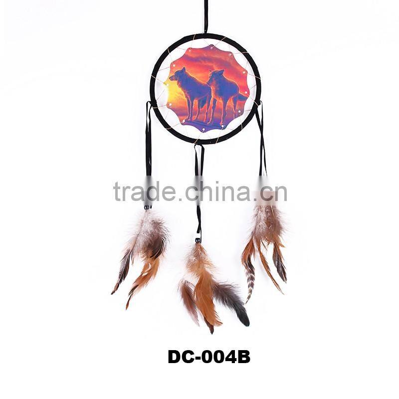 Wholesale Feathers Wall Hanging Decoration Indian Dream Catcher With Wolf Pattern