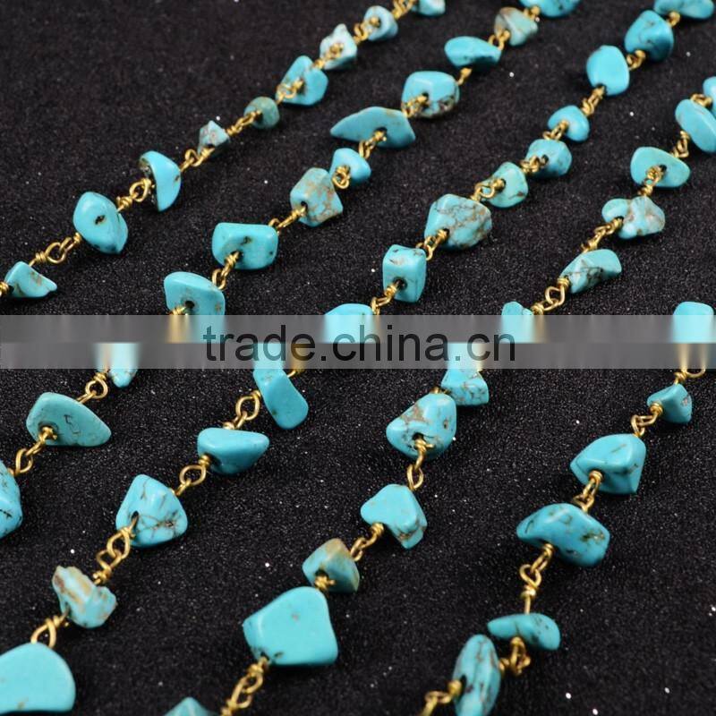 Blue Turquoise Rosary Beads Chain Wire Wrapped Handmade Chain