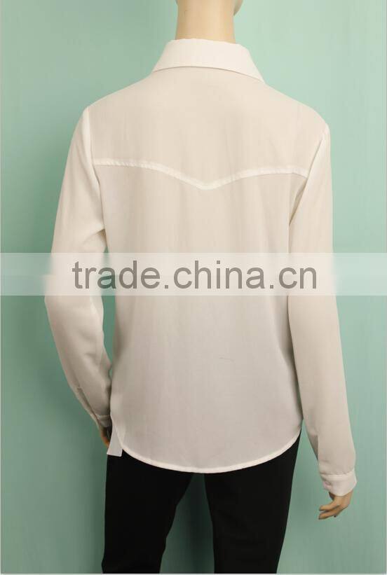 2016 new pattern plain white color hemp material long sleeve latest formal blouse